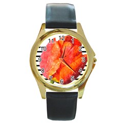 Tulip Watercolor Red And Black Stripes Round Gold Metal Watch by picsaspassion