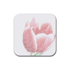 Tulip Red White Pencil Drawing Rubber Coaster (square)  by picsaspassion