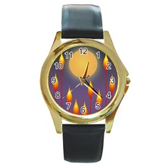 Night Moon Flora Background Round Gold Metal Watch by HermanTelo