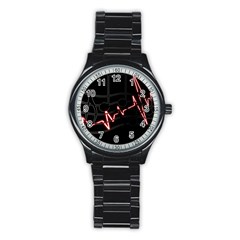 Music Wallpaper Heartbeat Melody Stainless Steel Round Watch by HermanTelo