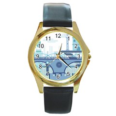 Blue City Building Fantasy Round Gold Metal Watch