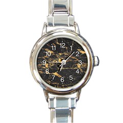 Black Marble Texture With Gold Veins Floor Background Print Luxuous Real Marble Round Italian Charm Watch by genx