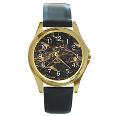 Black Marble Texture With Gold Veins Floor Background Print Luxuous Real Marble Round Gold Metal Watch by genx