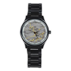 Marble Light Gray With Gold Yellow Veins Texture Floor Background Retro Neon 80s Style Neon Colors Print Luxuous Real Marble Stainless Steel Round Watch by genx