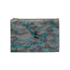 Marble Light Gray With Bright Cyan Blue Veins Texture Floor Background Retro Neon 80s Style Neon Colors Print Luxuous Real Marble Cosmetic Bag (medium) by genx