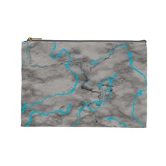 Marble Light Gray With Bright Cyan Blue Veins Texture Floor Background Retro Neon 80s Style Neon Colors Print Luxuous Real Marble Cosmetic Bag (large) by genx