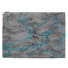 Marble Light Gray With Bright Cyan Blue Veins Texture Floor Background Retro Neon 80s Style Neon Colors Print Luxuous Real Marble Cosmetic Bag (xxl) by genx