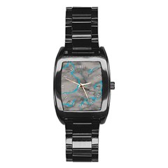 Marble Light Gray With Bright Cyan Blue Veins Texture Floor Background Retro Neon 80s Style Neon Colors Print Luxuous Real Marble Stainless Steel Barrel Watch by genx