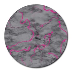 Marble Light Gray With Bright Magenta Pink Veins Texture Floor Background Retro Neon 80s Style Neon Colors Print Luxuous Real Marble Round Mousepads by genx