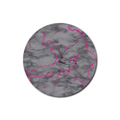 Marble Light Gray With Bright Magenta Pink Veins Texture Floor Background Retro Neon 80s Style Neon Colors Print Luxuous Real Marble Rubber Coaster (round)  by genx