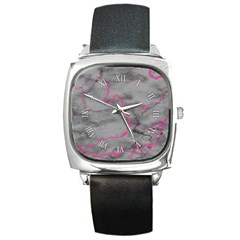 Marble light gray with bright magenta pink veins texture floor background retro neon  80s style neon colors print luxuous real marble Square Metal Watch