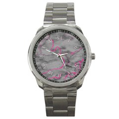 Marble light gray with bright magenta pink veins texture floor background retro neon  80s style neon colors print luxuous real marble Sport Metal Watch