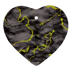 Marble Light Gray With Green Lime Veins Texture Floor Background Retro Neon 80s Style Neon Colors Print Luxuous Real Marble Heart Ornament (two Sides) by genx