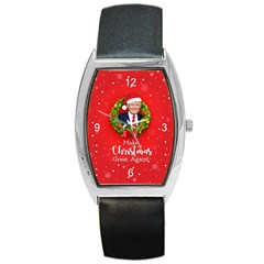 Trump Wraith Make Christmas Background 10k Trump Wraith Make Christmas Clock Trump Wrait Pattern13k Red Only Barrel Style Metal Watch by snek