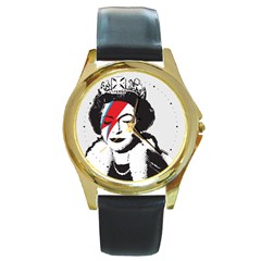 Banksy Graffiti Uk England God Save The Queen Elisabeth With David Bowie Rockband Face Makeup Ziggy Stardust Round Gold Metal Watch by snek