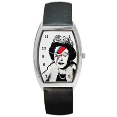 Banksy Graffiti Uk England God Save The Queen Elisabeth With David Bowie Rockband Face Makeup Ziggy Stardust Barrel Style Metal Watch by snek