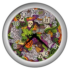 Halloween Doodle Vector Seamless Pattern Wall Clock (silver) by Sobalvarro