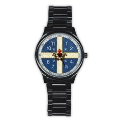 Quebec Flag Drapeau Québec Patriote Carillon Sacré-coeur Christian Catholic Old Vintage With Fleurs De Lys Stainless Steel Round Watch by Quebec