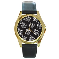 French France Fleur De Lys Metal Pattern Black And White Antique Vintage Black Rocker Round Gold Metal Watch by Quebec