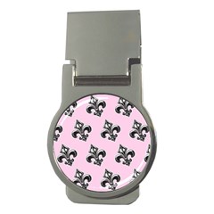 French France Fleur De Lys Metal Pattern Black And White Antique Vintage Pink And Black Rocker Money Clips (round)  by Quebec