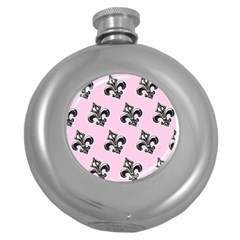 French France Fleur De Lys Metal Pattern Black And White Antique Vintage Pink And Black Rocker Round Hip Flask (5 Oz) by Quebec