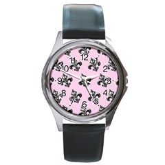 French France Fleur De Lys Metal Pattern Black And White Antique Vintage Pink And Black Rocker Round Metal Watch by Quebec