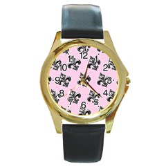 French France Fleur De Lys Metal Pattern Black And White Antique Vintage Pink And Black Rocker Round Gold Metal Watch by Quebec