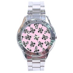 French France Fleur De Lys Metal Pattern Black And White Antique Vintage Pink And Black Rocker Stainless Steel Analogue Watch by Quebec