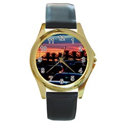 Urban Sunset Scene, Punta Del Este   Uruguay Round Gold Metal Watch by dflcprintsclothing