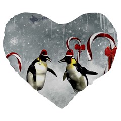 Funny Penguin In A Winter Landscape Large 19  Premium Heart Shape Cushions