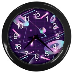 Retrowave Aesthetic Vaporwave Retro Memphis Pattern 80s Design Geometrical Shapes Futurist Pink Blue 3d Wall Clock (black) by genx