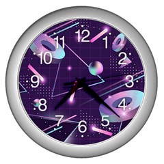 Retrowave Aesthetic Vaporwave Retro Memphis Pattern 80s Design Geometrical Shapes Futurist Pink Blue 3d Wall Clock (silver)