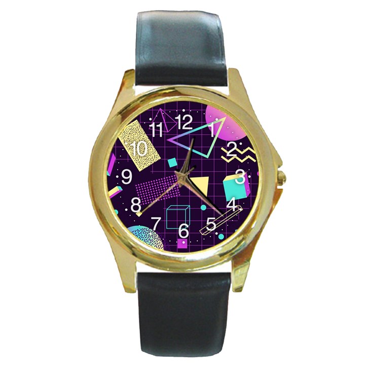 Retrowave Aesthetic vaporwave retro memphis pattern 80s design 3D geometric shapes Round Gold Metal Watch