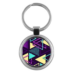 Retrowave Aesthetic Vaporwave Retro Memphis Triangle Pattern 80s Yellow Turquoise Purple Key Chain (round) by genx