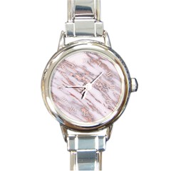 Marble With Metallic Rose Gold Intrusions On Gray White Stone Texture Pastel Pink Background Round Italian Charm Watch by genx