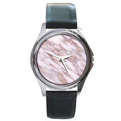 Marble With Metallic Rose Gold Intrusions On Gray White Stone Texture Pastel Pink Background Round Metal Watch by genx