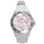 Marble with Metallic Rose Gold intrusions on gray white Stone texture Pastel Pink Background Round Plastic Sport Watch (L) Front