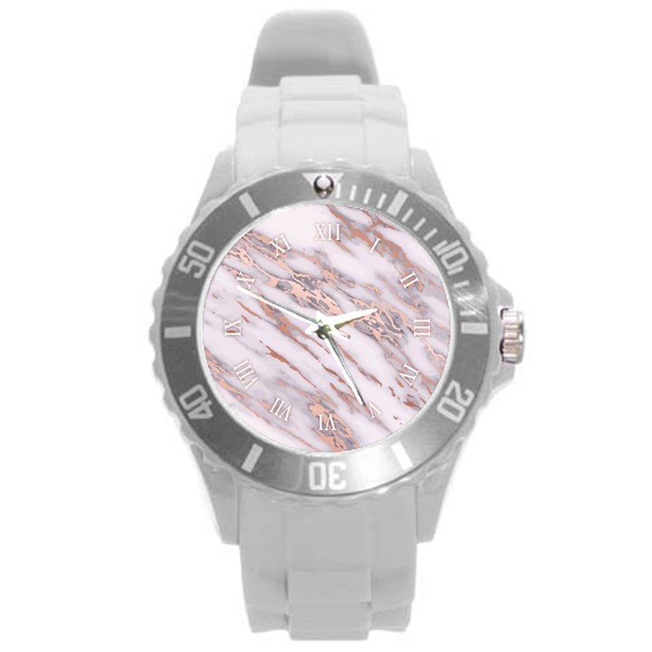 Marble with Metallic Rose Gold intrusions on gray white Stone texture Pastel Pink Background Round Plastic Sport Watch (L)
