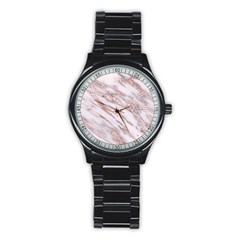 Marble With Metallic Rose Gold Intrusions On Gray White Stone Texture Pastel Pink Background Stainless Steel Round Watch by genx