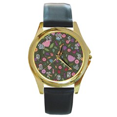 Floral pattern Round Gold Metal Watch