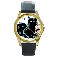 Black Cat & Halloween Skull Round Gold Metal Watch