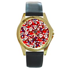 Nicholas Santa Christmas Pattern Round Gold Metal Watch