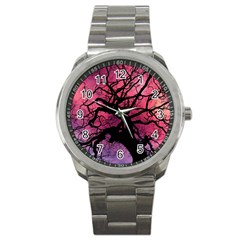 Trees Silhouette Sky Clouds Sunset Sport Metal Watch by Wegoenart