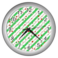 Christmas Paper Stars Pattern Texture Background Colorful Colors Seamless Copy Wall Clock (silver) by Vaneshart