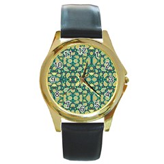 Pattern Abstract Paisley Swirls Artwork Creative Decoration Design Filigree Round Gold Metal Watch