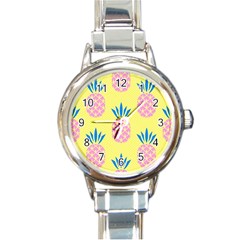 Summer Pineapple Seamless Pattern Round Italian Charm Watch by Sobalvarro