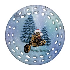 Merry Christmas, Funny Mouse On A Motorcycle With Christmas Hat Ornament (round Filigree) by FantasyWorld7