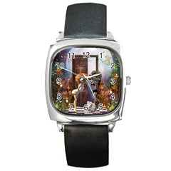 Cute Dark Fairys With Cat Square Metal Watch by FantasyWorld7