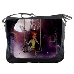 Little Fairy On A Swing With Dragonfly In The Night Messenger Bag by FantasyWorld7