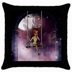 Little Fairy On A Swing With Dragonfly In The Night Throw Pillow Case (black) by FantasyWorld7